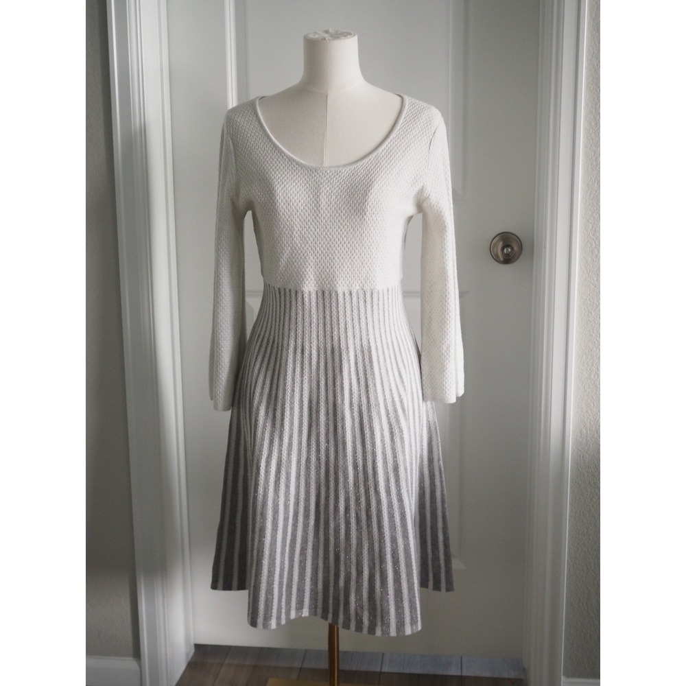 Calvin Klein Metallic Lurex Ombre Sweater Dress Gray White M Holiday Shiny